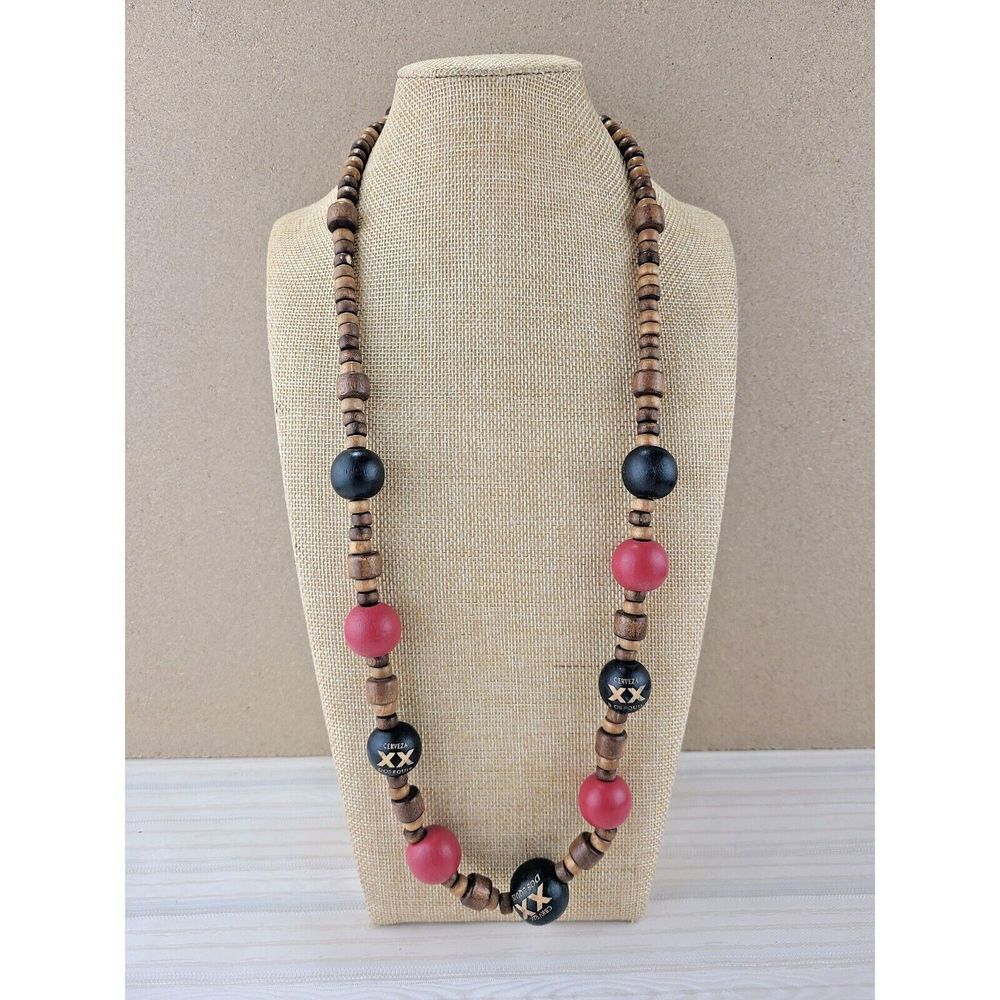 DOS EQUIS XX CERVEZA Wood Bead Necklace Beer MARDI GRAS Boho 30" Length
